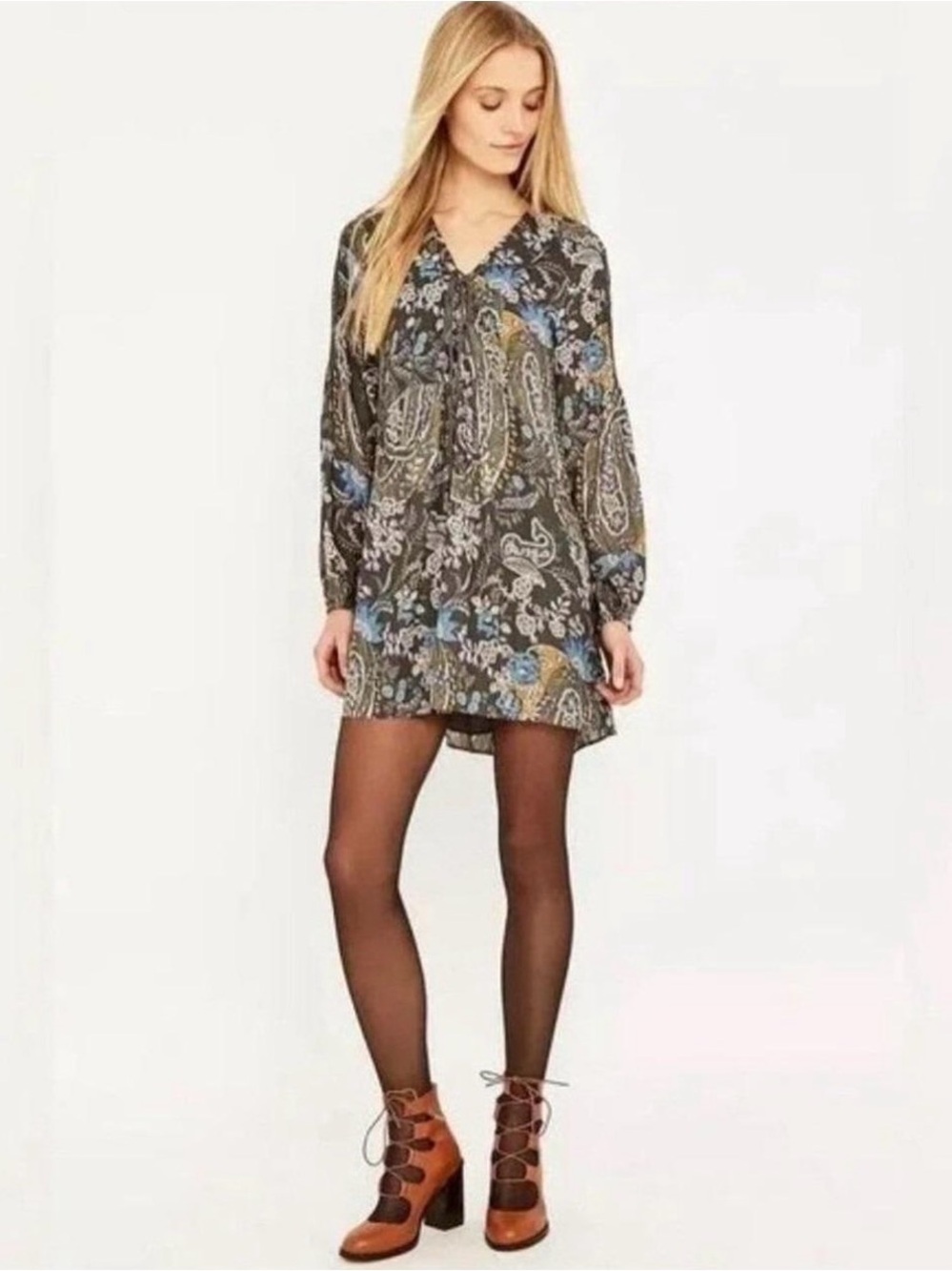 Free People - Rain Or Shine Grey Paisley Pocket Long Sleeve Mini